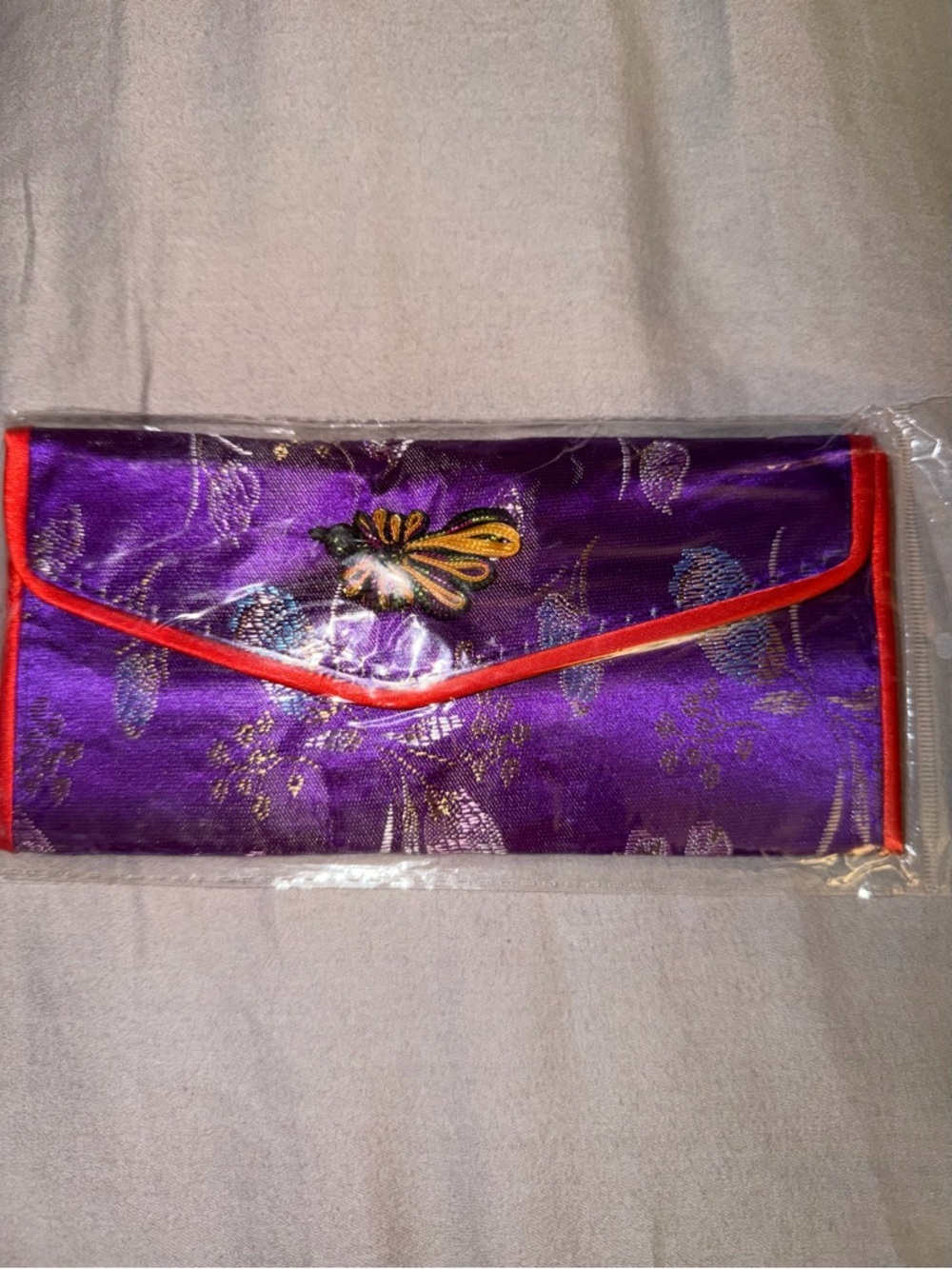 Purple Satin Brocade Envelope Clutch with Orange Trim